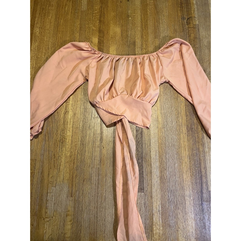 Women Small Peach Orange Off-Shoulder Peasant Sleeve Crop Top Tie Detail Blouse